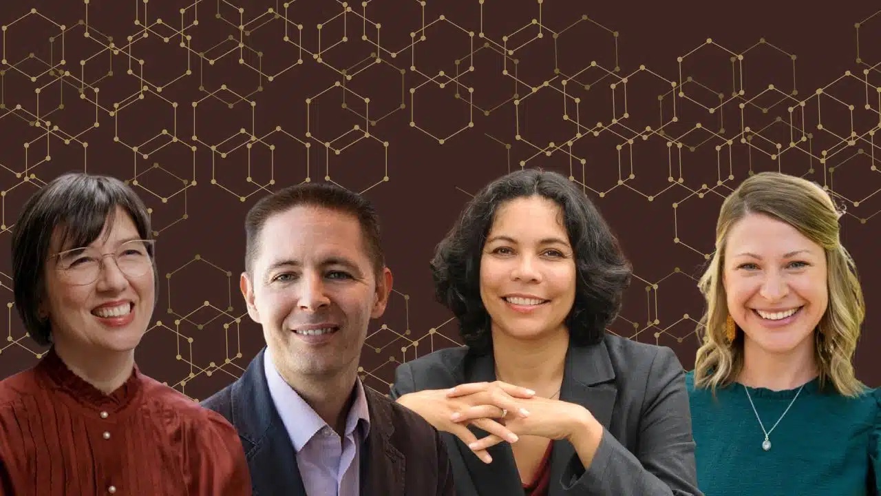 Headshots of Karen Rommelfanger, Chris Rozell, Jennifer Singh, and Kinsey Herrin collaged over a brown background with hexagons throughout.
