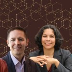 Headshots of Karen Rommelfanger, Chris Rozell, Jennifer Singh, and Kinsey Herrin collaged over a brown background with hexagons throughout.