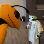 Buzz, the Georgia Tech mascot, meets a Sprout robot.