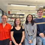 School of Biological Sciences Associate Professor Liang Han (left) with members of her lab, including Laboratory Technicians Katy Lawson (center left) and William Hancock (right), as well as biology Ph.D. student Rossie Nho.